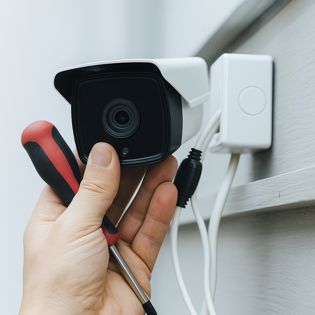 Hand installing outdoor security camera on wall
